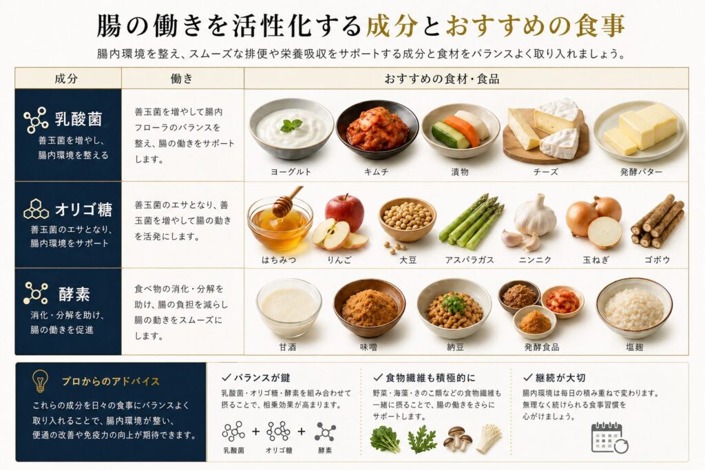 腸の働きを活性化する成分と食事
