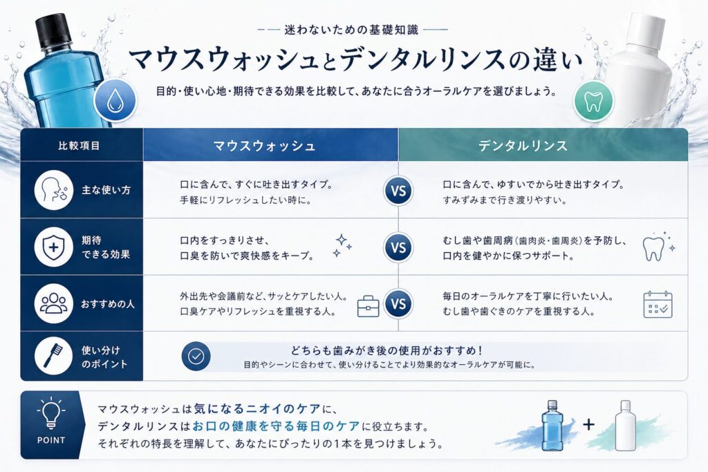 マウスウォッシュとデンタルリンスの違い
