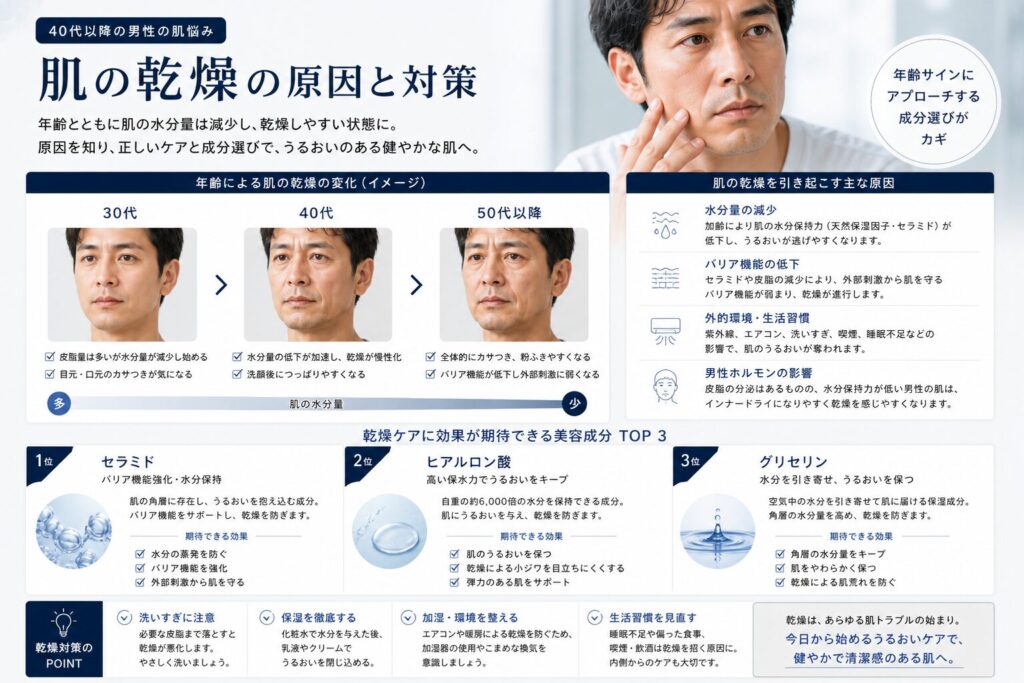 肌が乾燥する男性におすすめのスキンケア美容成分
