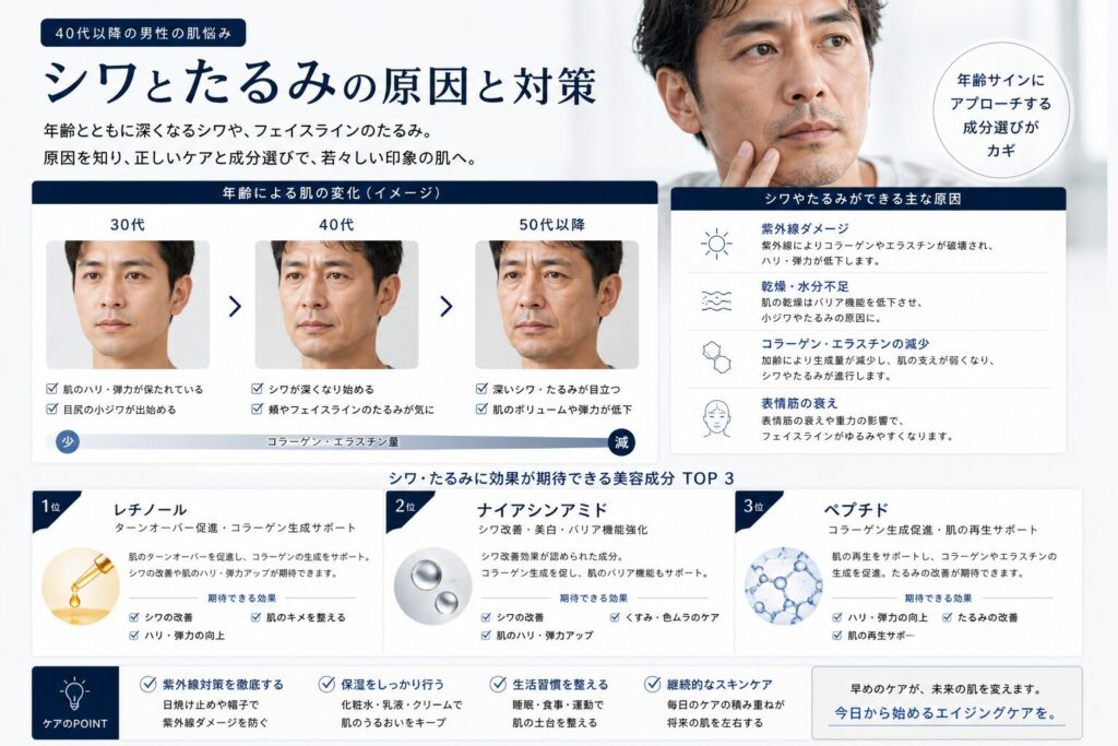 現在のシワとたるみの改善方法 美容成分
