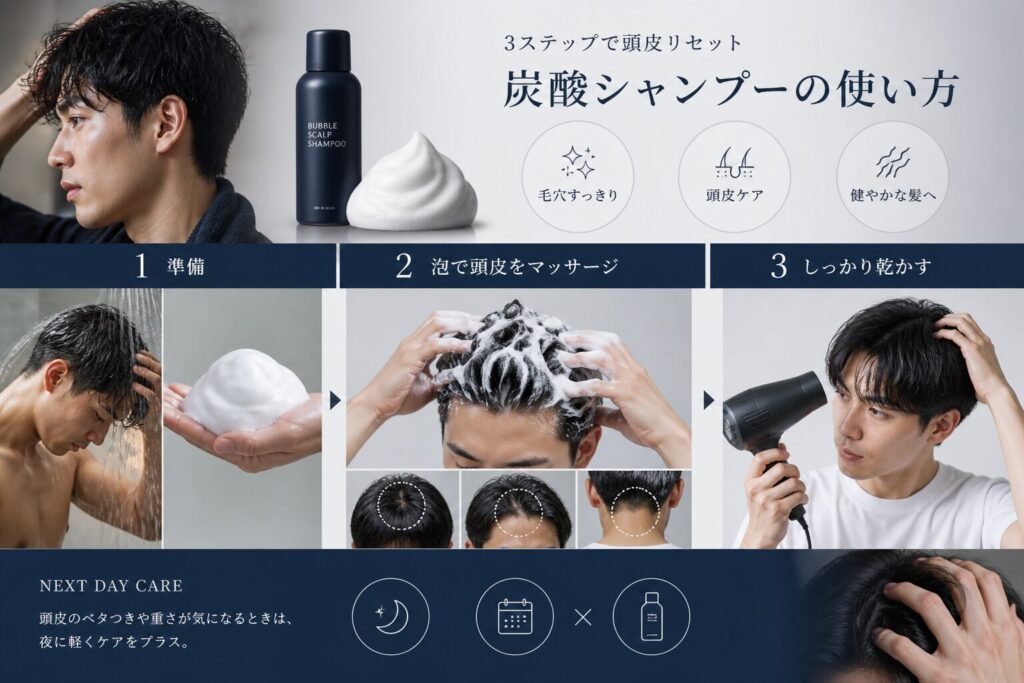 炭酸シャンプーの使い方3ステップ

