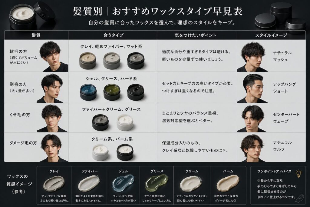 髪質別おすすめワックスタイプ早見表

