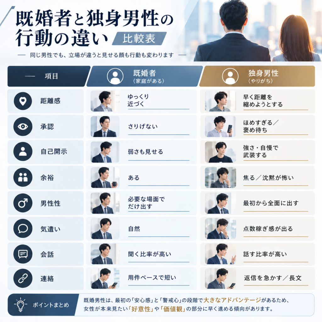 既婚者と独身男性の行動の違い【比較表】