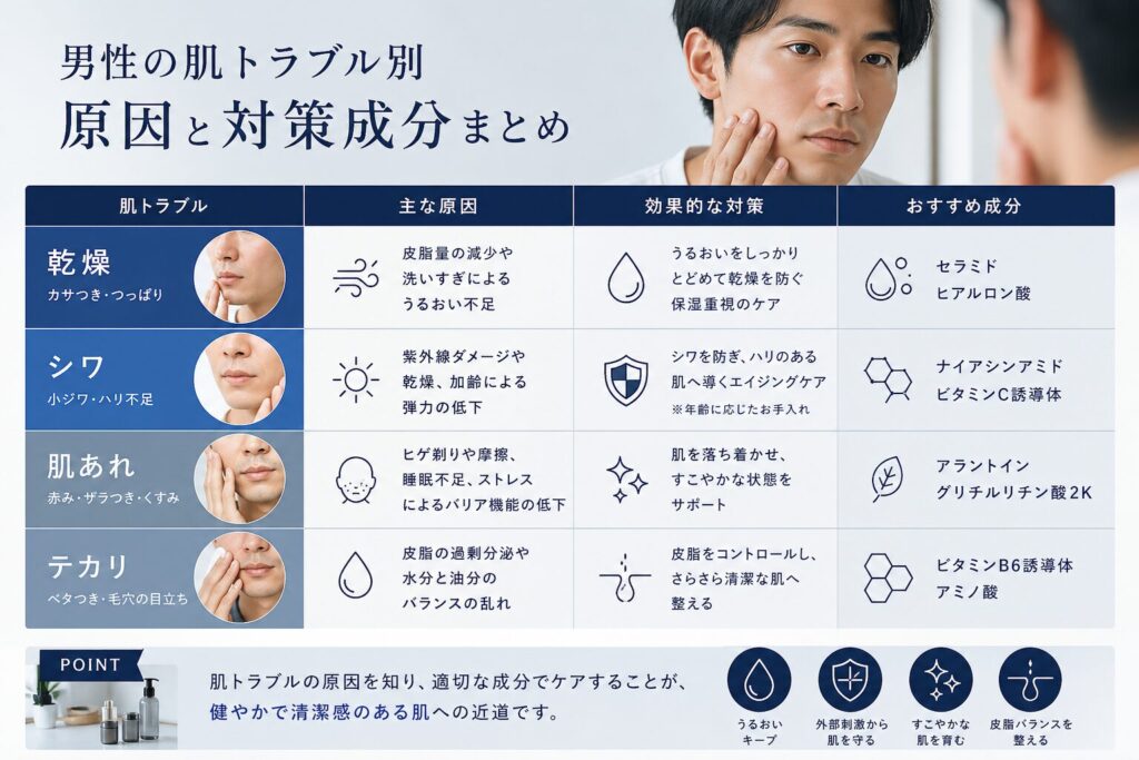 肌トラブル別の原因と対策成分まとめ男性編
