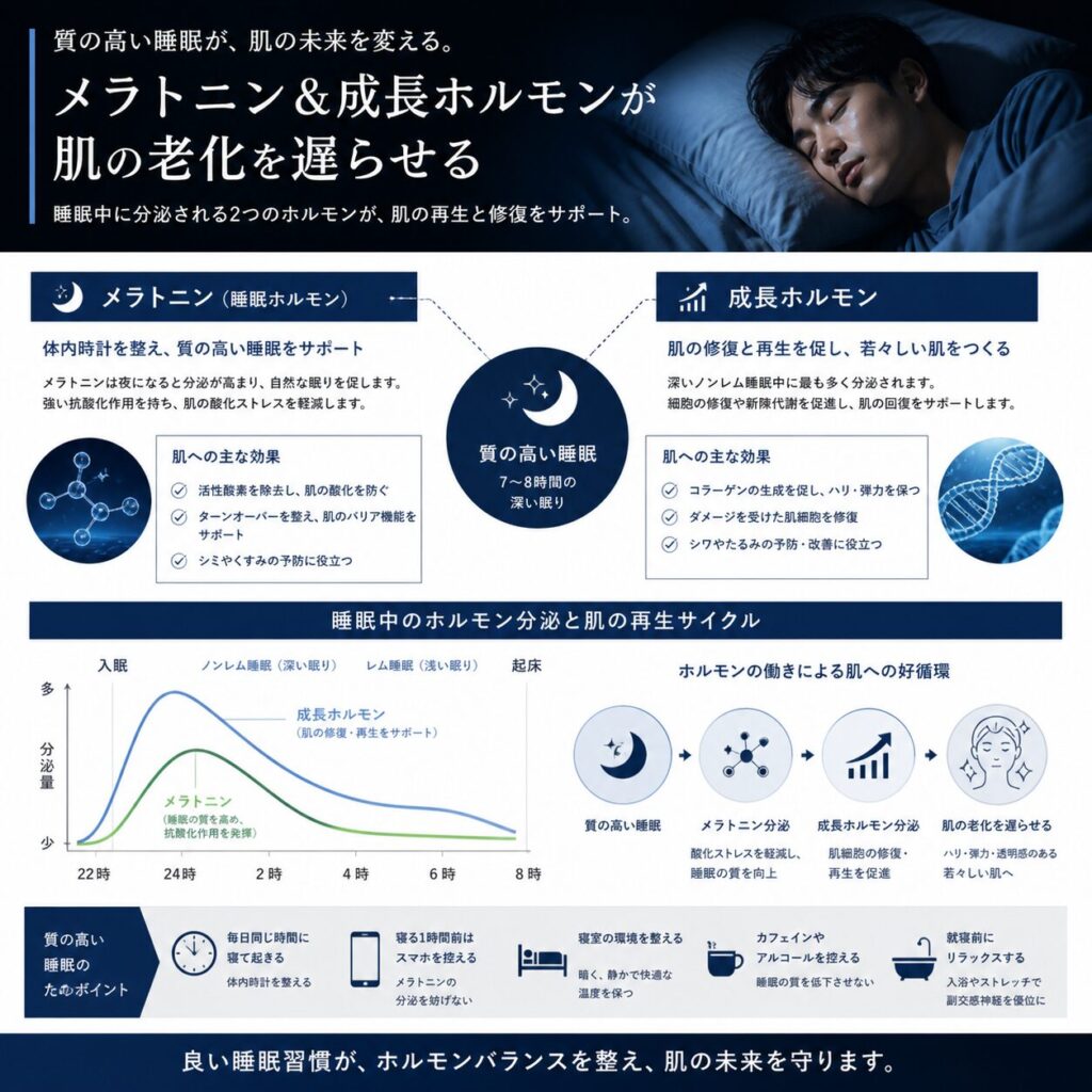 成長ホルモンとメラトニンによる肌老化の抑止