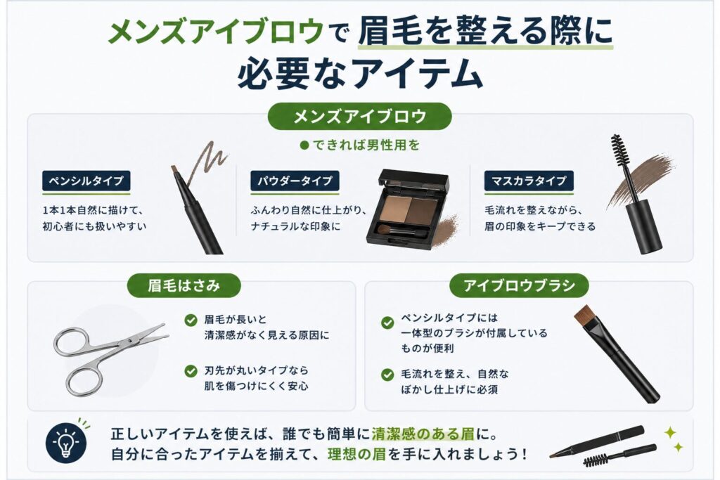 メンズアイブロウで眉毛を整えるために必要なアイテム