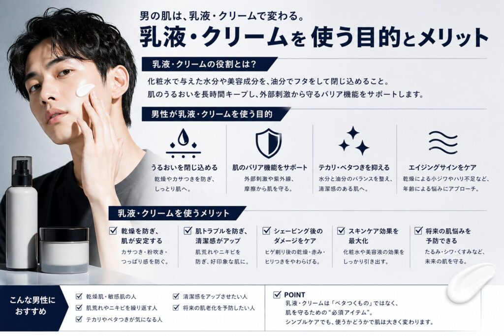 男性が乳液クリームを使うメリット
