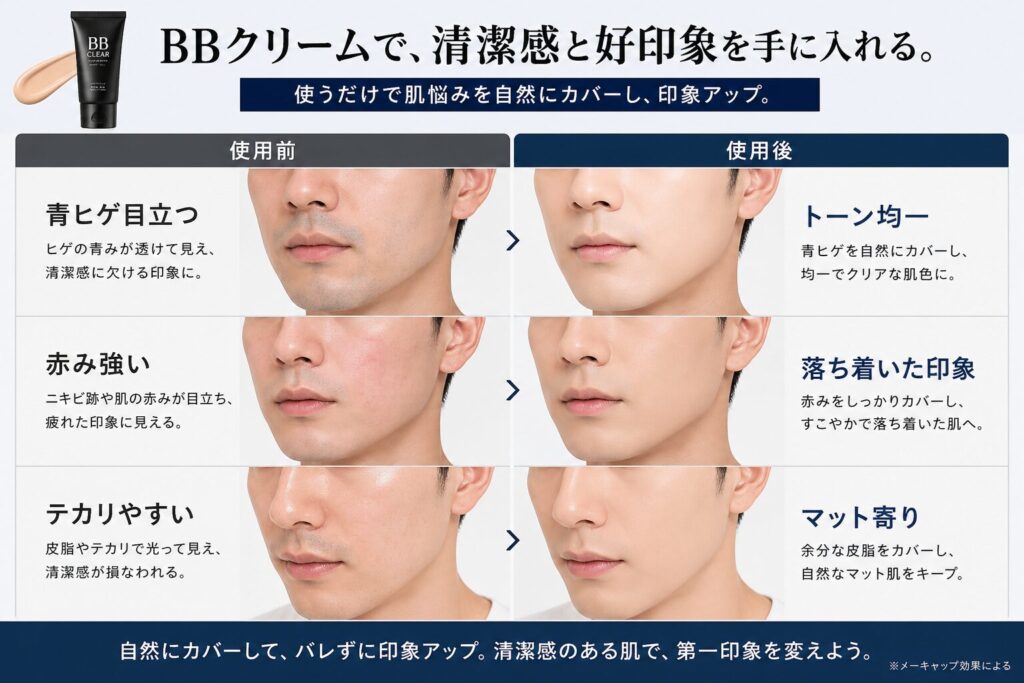 男性が BB クリームを使ったビフォーアフター
