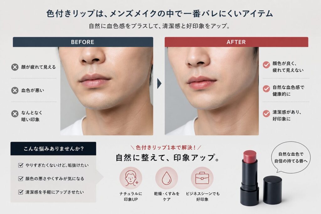 色付きリップを男性が使った場合のビフォーアフター
