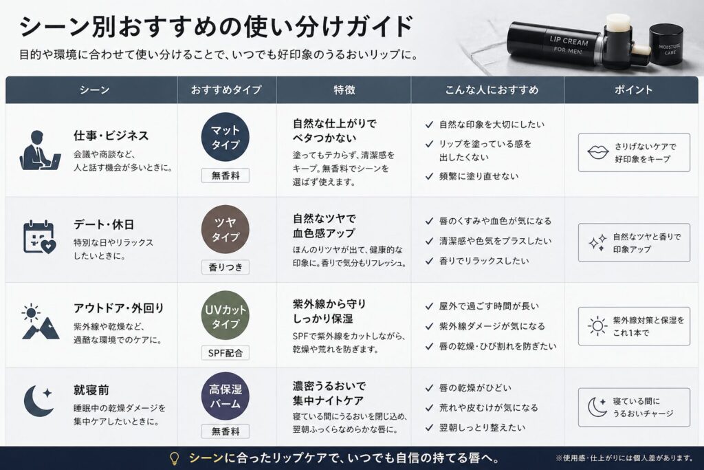 シーン別にリップクリームを使い分ける