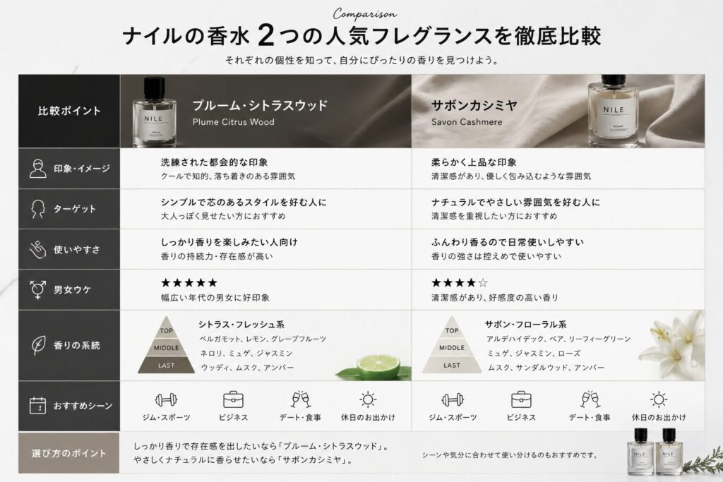 比較表｜プールオムとサボンカシミアの違い