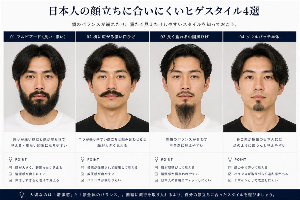 日本人の顔立ちに合いにくいヒゲのスタイル