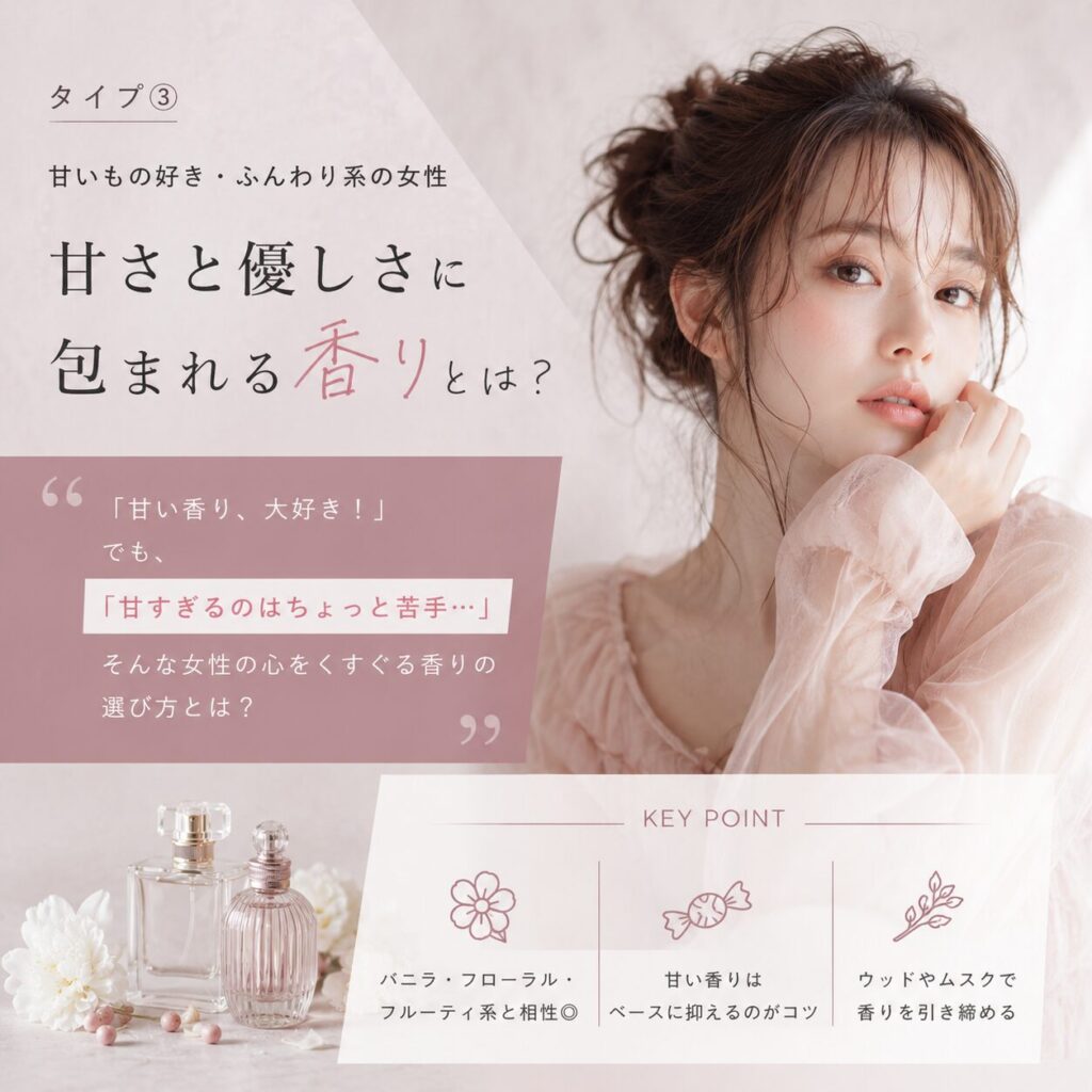  「甘いもの好き・ふんわり系」の女性 香水
