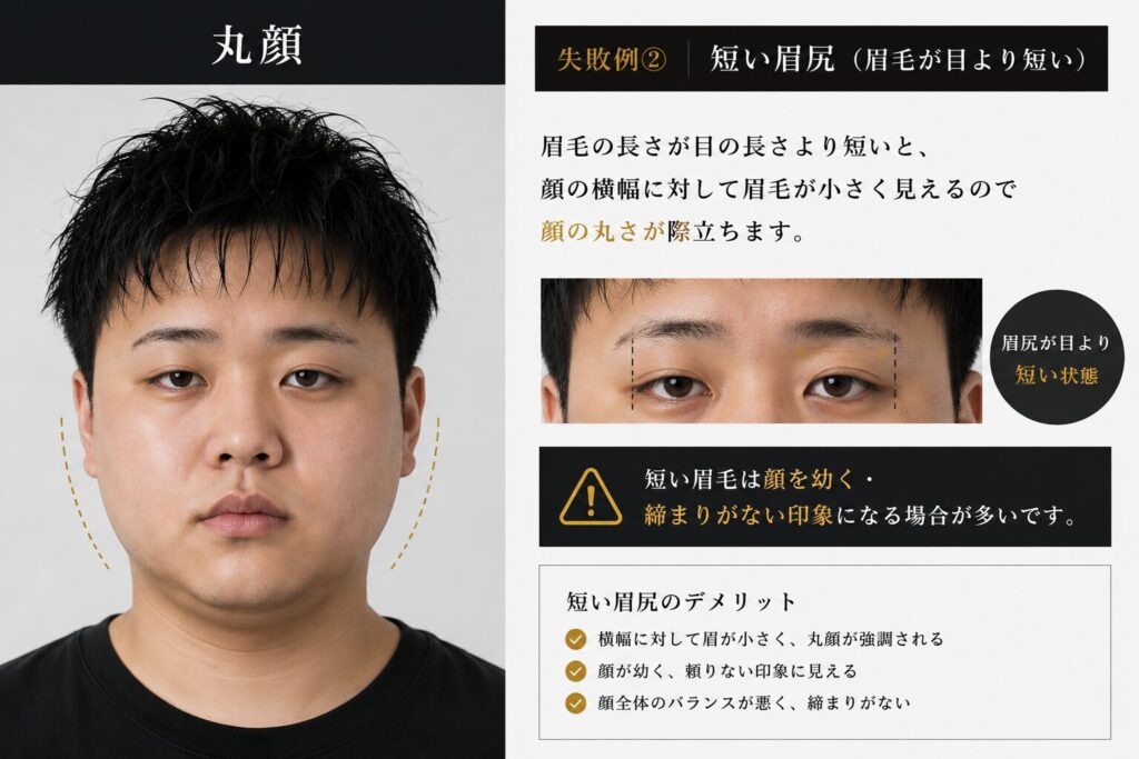 丸顔・失敗例②｜短い眉尻（眉毛が目より短い）