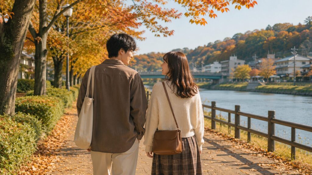 秋歩くカップル
