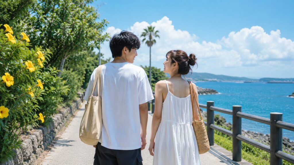 夏歩くカップル
