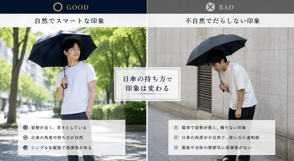 背筋を伸ばして自然に歩く 日傘の基本の持ち方