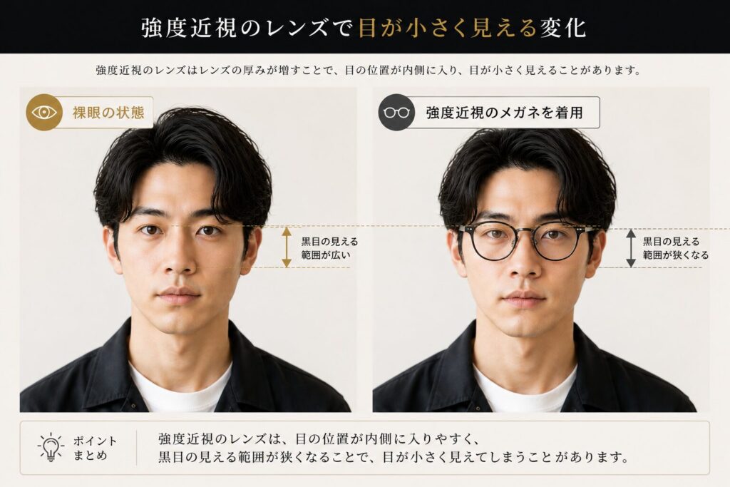 強度近視の人 裸眼の目よりも近視のレンズを入れると目が小さくなってしまう