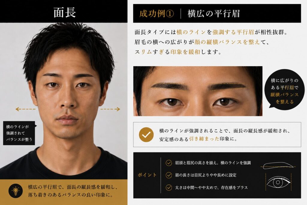 面長・成功例①｜横広の平行眉