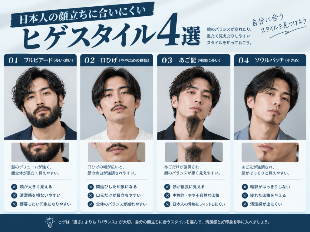日本人の顔立ちに合いにくいヒゲのスタイル