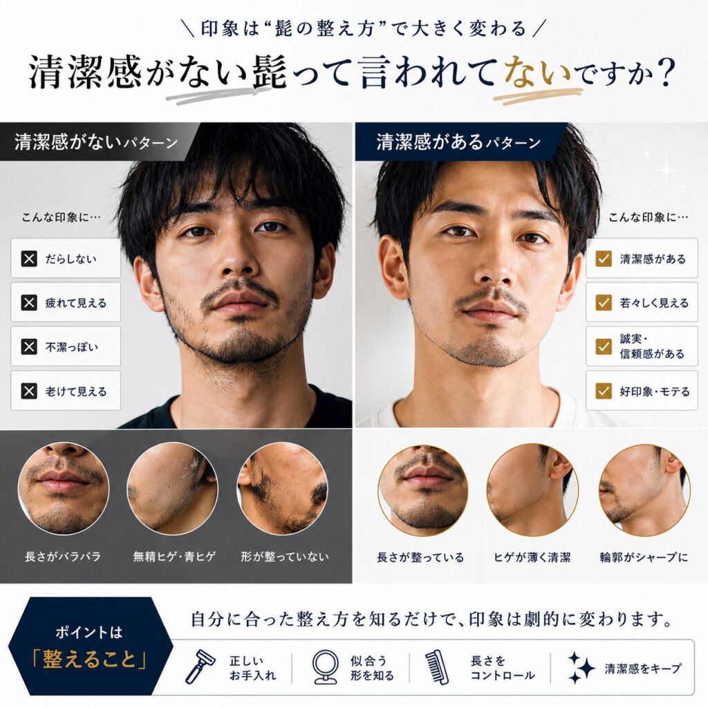 清潔感があるヒゲとないひげ比較男
