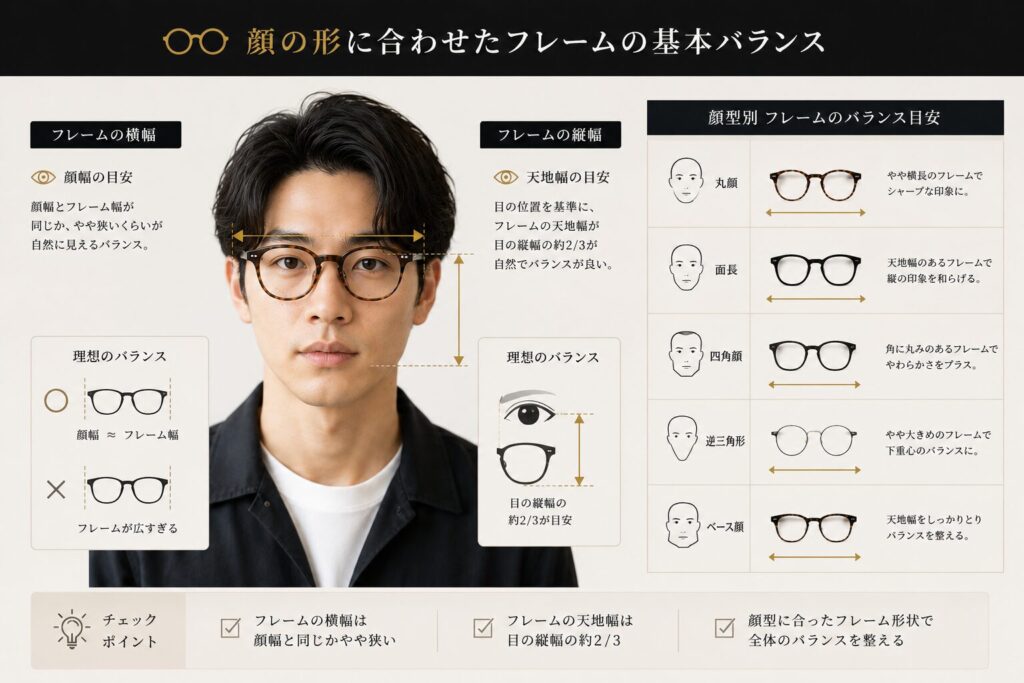 ポイント①｜眼鏡フレームのサイズは顔幅に合わせる