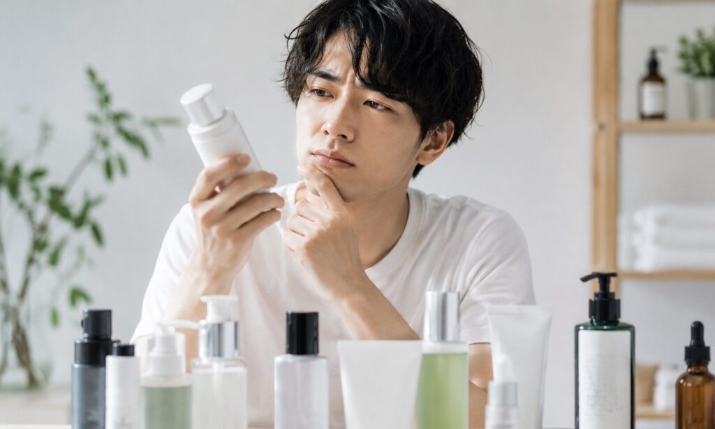 スキンケア製品悩む男
