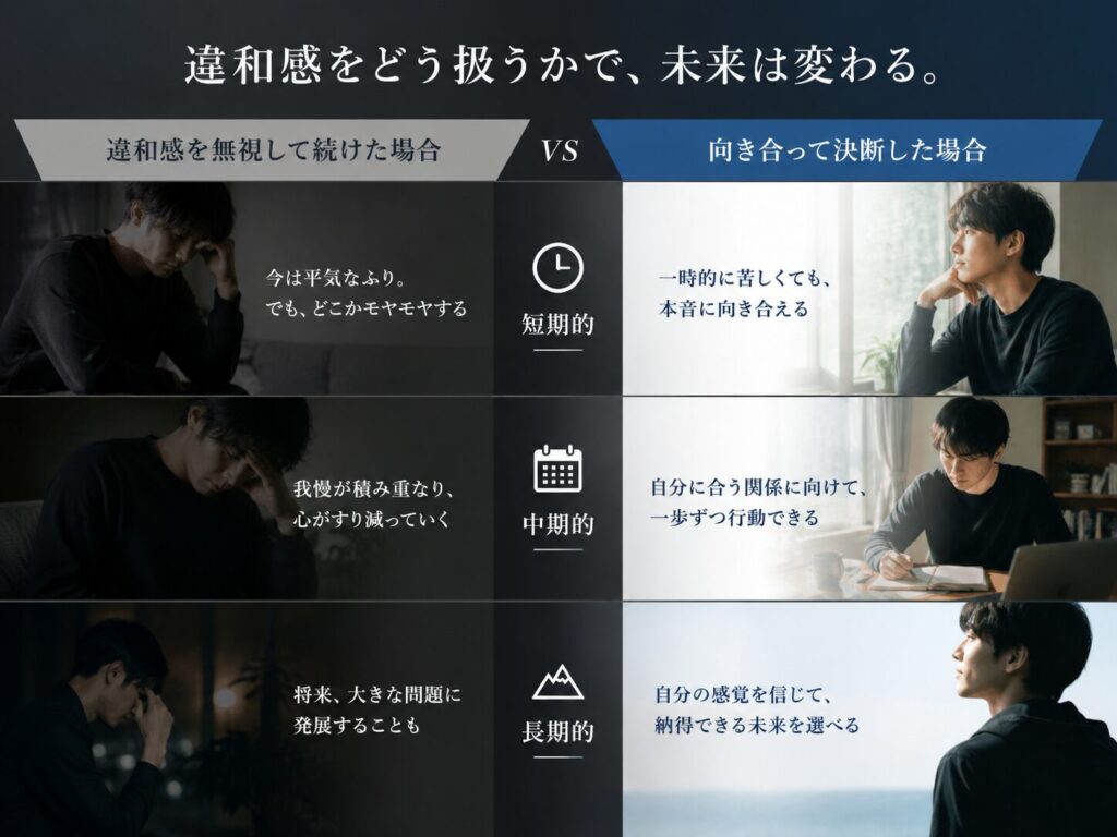 「違和感を無視して続けた場合」と「向き合って決断した場合」の比較