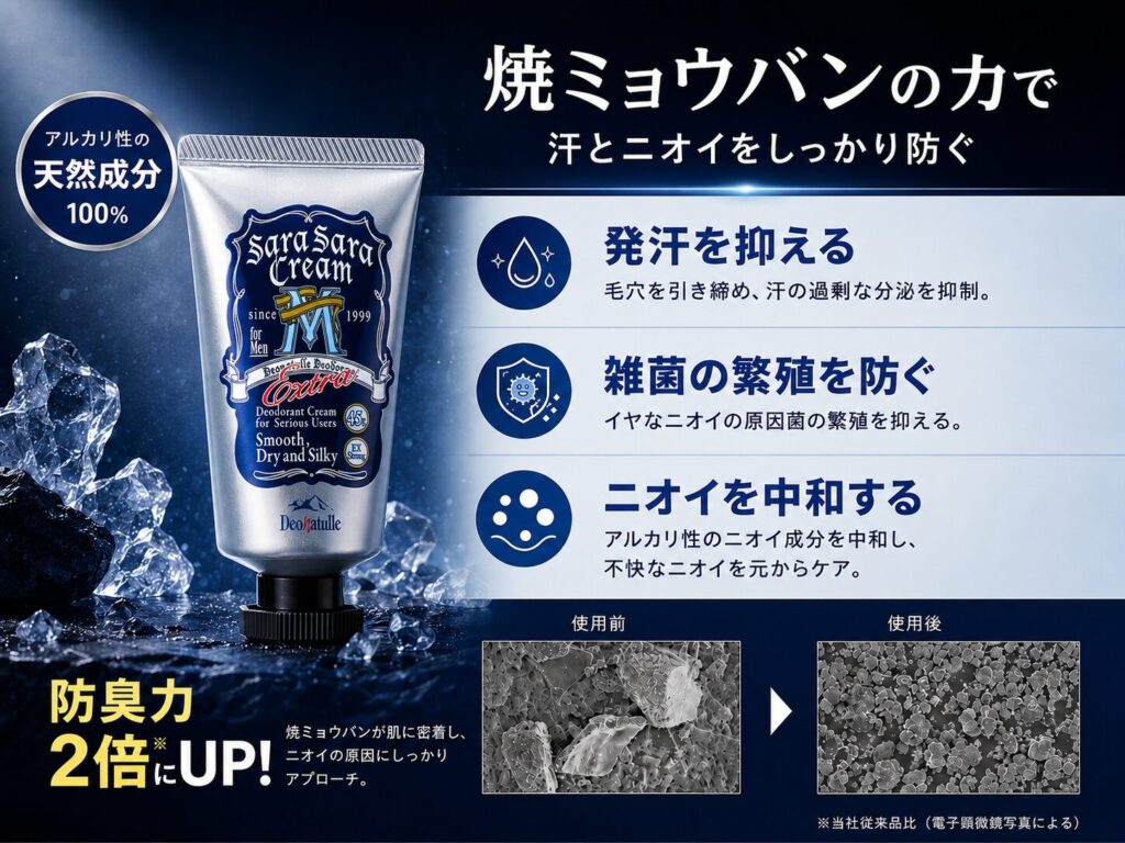 有効成分①:焼ミョウバン(微細化)男さらさらクリーム