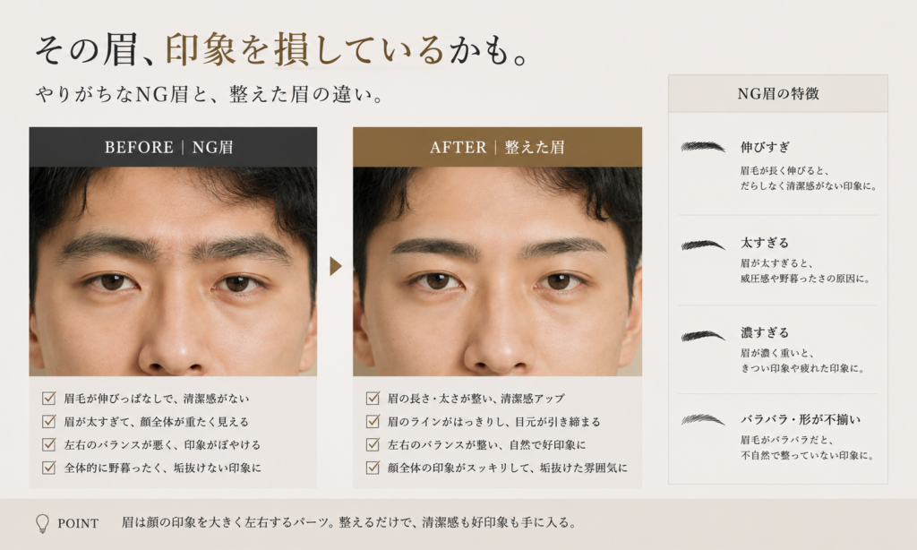眉毛の NG でボサボサ 男性メイク
